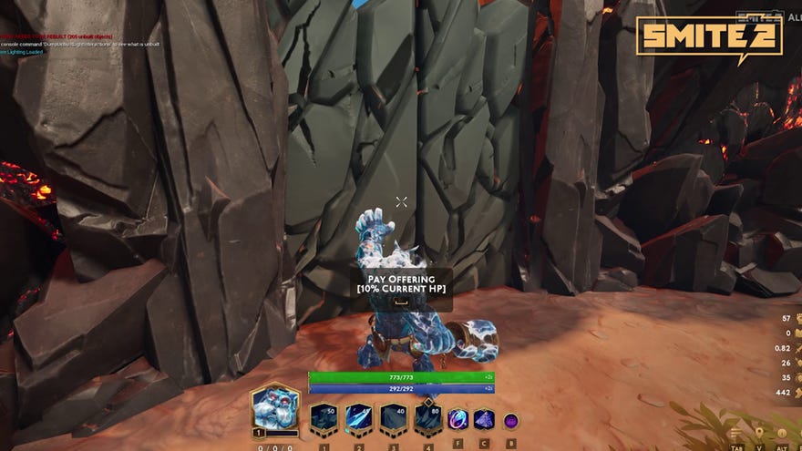 A player character interacts with a rock door by paying an offering in Smite 2's new Conquest map.
