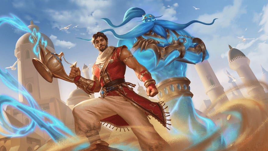 Aladdin holds his lamp aloft while the genie crosses his arms behind the thief.