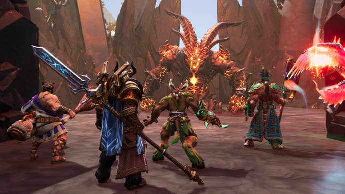 A Smite 2 screenshot showing a group of heroes surrounding huge demon-like creature against a background of jagged rock spikes.