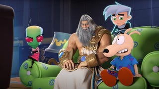 Invader Zim, Rocko and Danny Phantom sit around Zeus on a couch in Smite's Nickelodeon crossover event trailer.