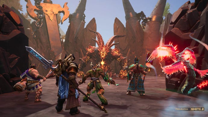 A group of gods prepare to confront a towering fire giant in pre-alpha Smite 2 gameplay