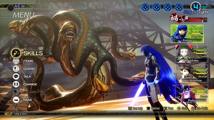 A cluttered battle UI screen in which a blue human/demon protagonist fights a snake-headed beast.