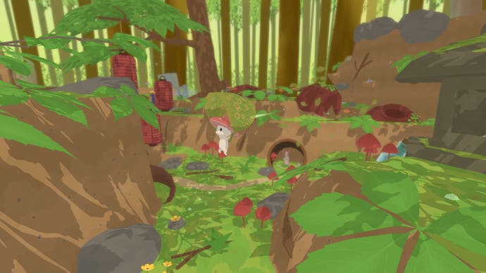 A screenshot from Smushi Come Home. A little mushroom person stands on the ground of an illustrative-style forest. The whole scene is very green and brown.