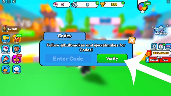 Arrow pointing at the codes menu in Snowball Roll Race.
