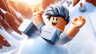 Artwork for the Roblox game Snowball Roll Race, showing a Roblox character racing on a massive snowball through a mountainous map.