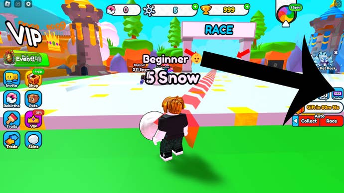 Arrow pointing at the button players have to press to access the codes menu in Snowball Roll Race.