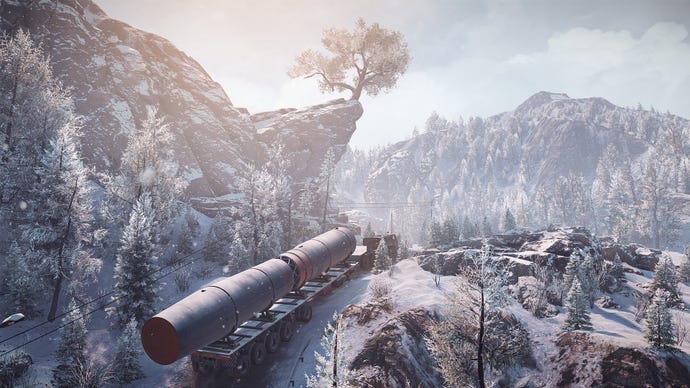 Hauling a space rocket through the snow in a screenshot from SnowRunner’s Season 4 DLC missions.