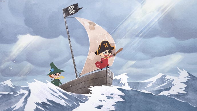 Snufkin and Little My ride a pirate ship through stormy seas in Snufkin: Melody Of Moominvalley.