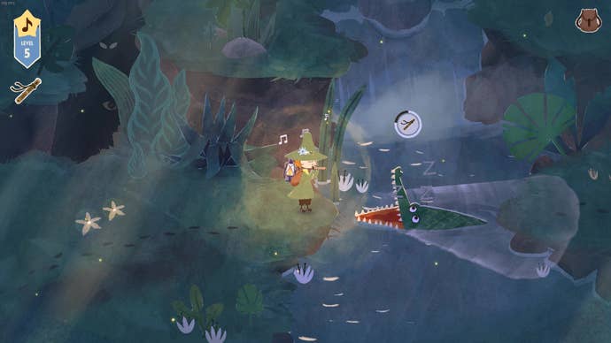 Snufkin sends a crocodile to sleep in Snufkin: Melody Of Moominvalley.
