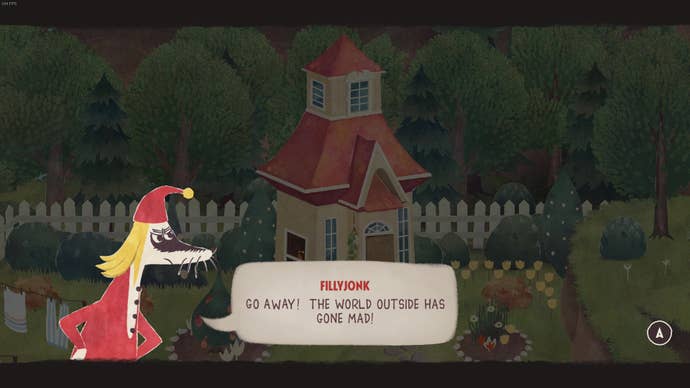 Fillyjonk says, “Go away! The world outside has gone mad!” in Snufkin: Melody Of Moominvalley.