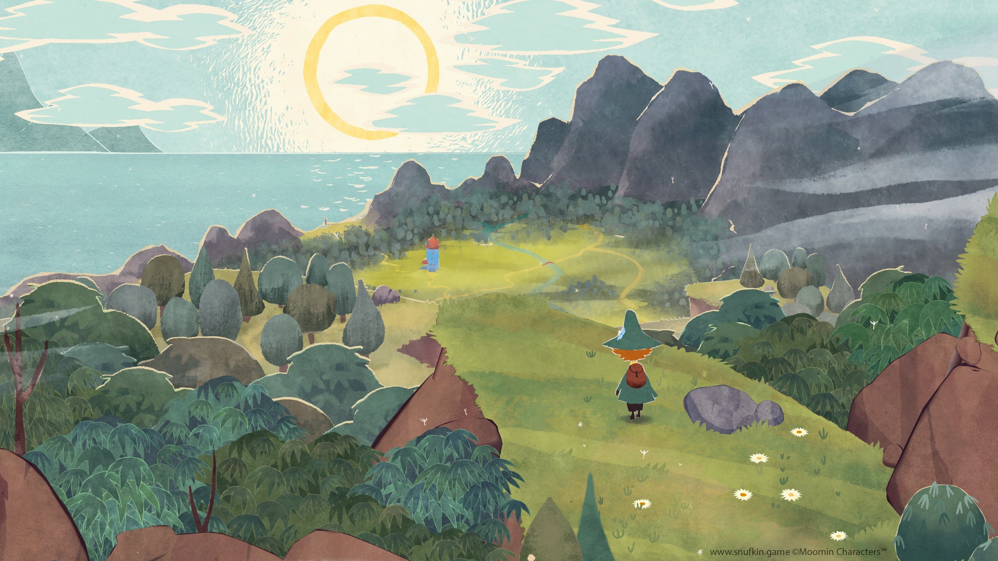 Snufkin looks down over Moominvalley in a Snufkin: Melody of Moominvalley screenshot. - 22