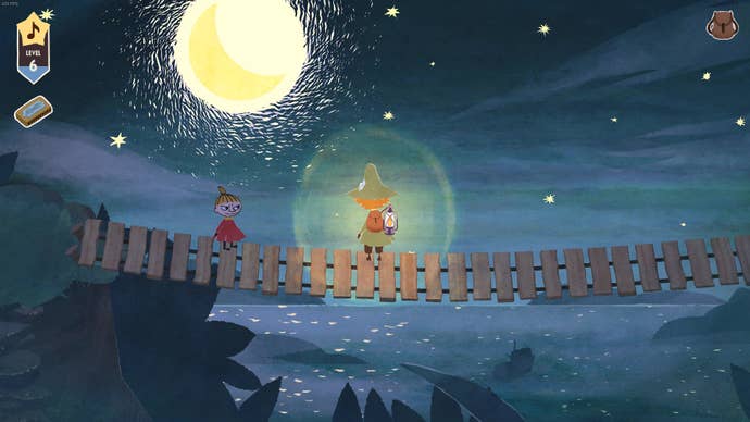 Snufkin and Little My look out at the moon while standing on a rickety bridge in Snufkin: Melody Of Moominvalley.