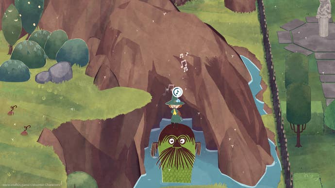 Snufkin plays a flute on top of a water ogre’s head in a forest scene in Snufkin: Melody Of Moominvalley