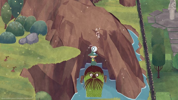 Snufkin plays a flute on top of a water ogre's head in a forest scene in Snufkin: Melody Of Moominvalley