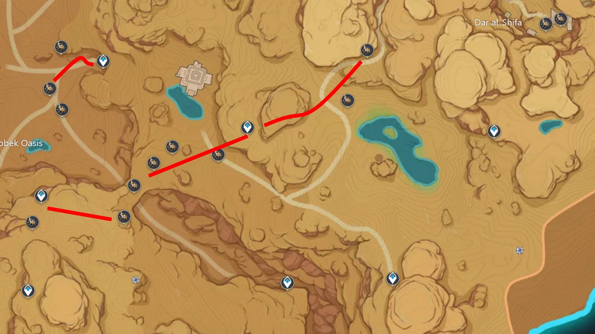 Genshin Impact Scarab locations: A map showing scarab farm routes near Sobek Oasis - 14