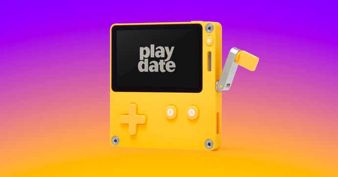 A Playdate, a little yellow handheld gaming device with a crank on the side.