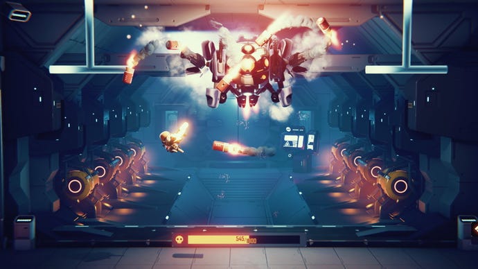 A tiny man fights a giant robot spider in Soda Crisis