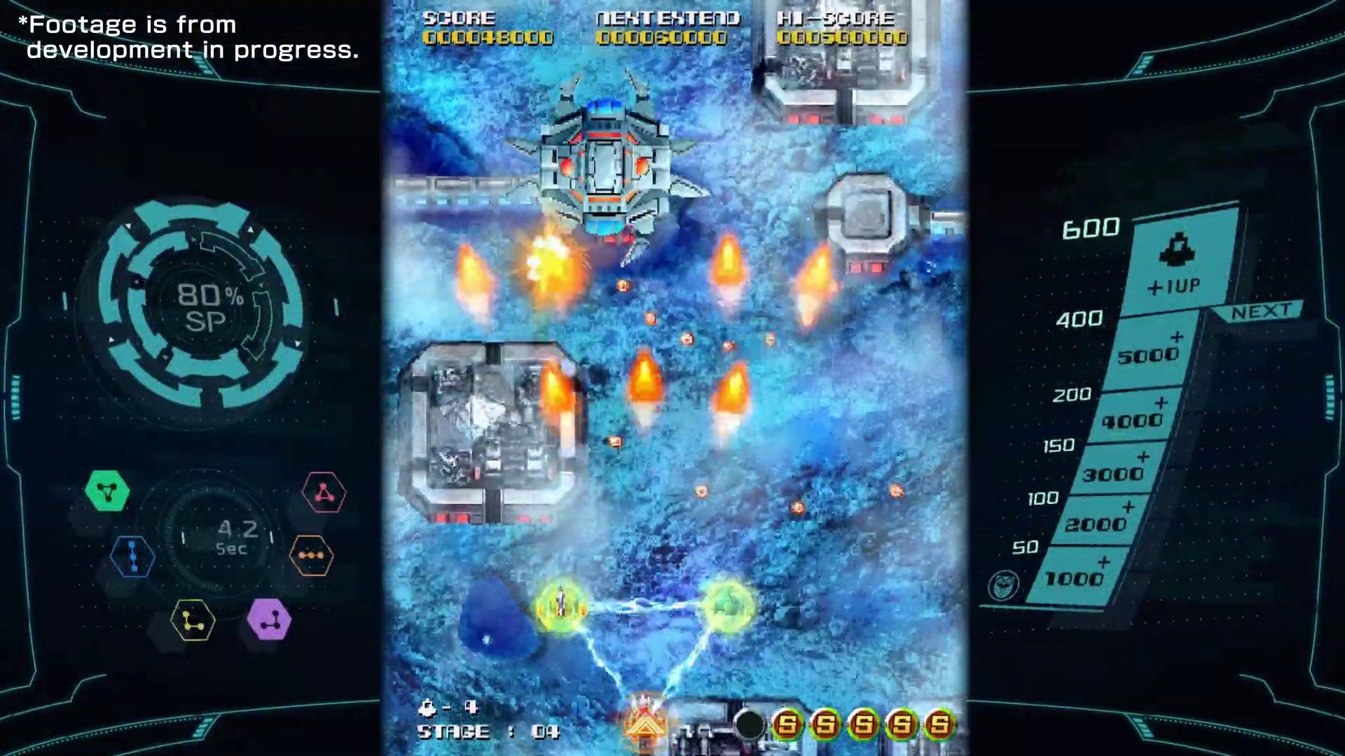 Blasting a ship with a split-shot in shoot &lsquo;em up Sol Cresta.