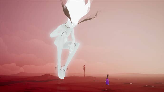 Rei looks up at Echo, a towering being that looks a bit like a space-fairy.
