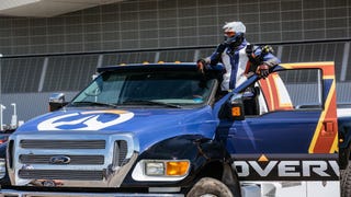 Overwatch's Soldier: 76 cosplay driver crashes his monster truck into another car at PAX East