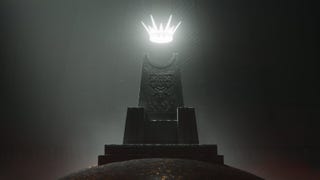 Artwork for Solium Infernum showing a black throne with a white crown hovering above it