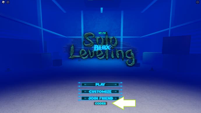 The main menu of Solo Blox Leveling in Roblox with an arrow showing the codes button.
