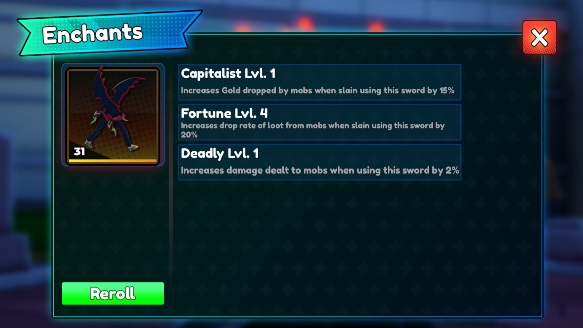 A screenshot from Solo Hunters on Roblox, showing some of the enchanting perks on offer. - 5