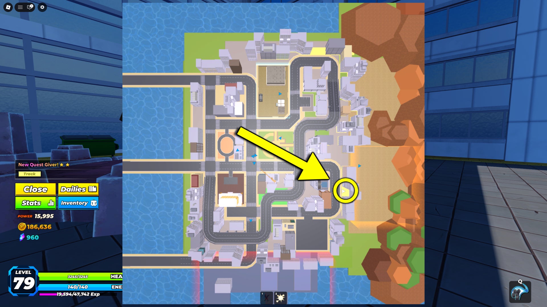 A screenshot of the map from Solo Hunters, featuring a circle pointing out the location of the enchanting table on the overworld map. - 3