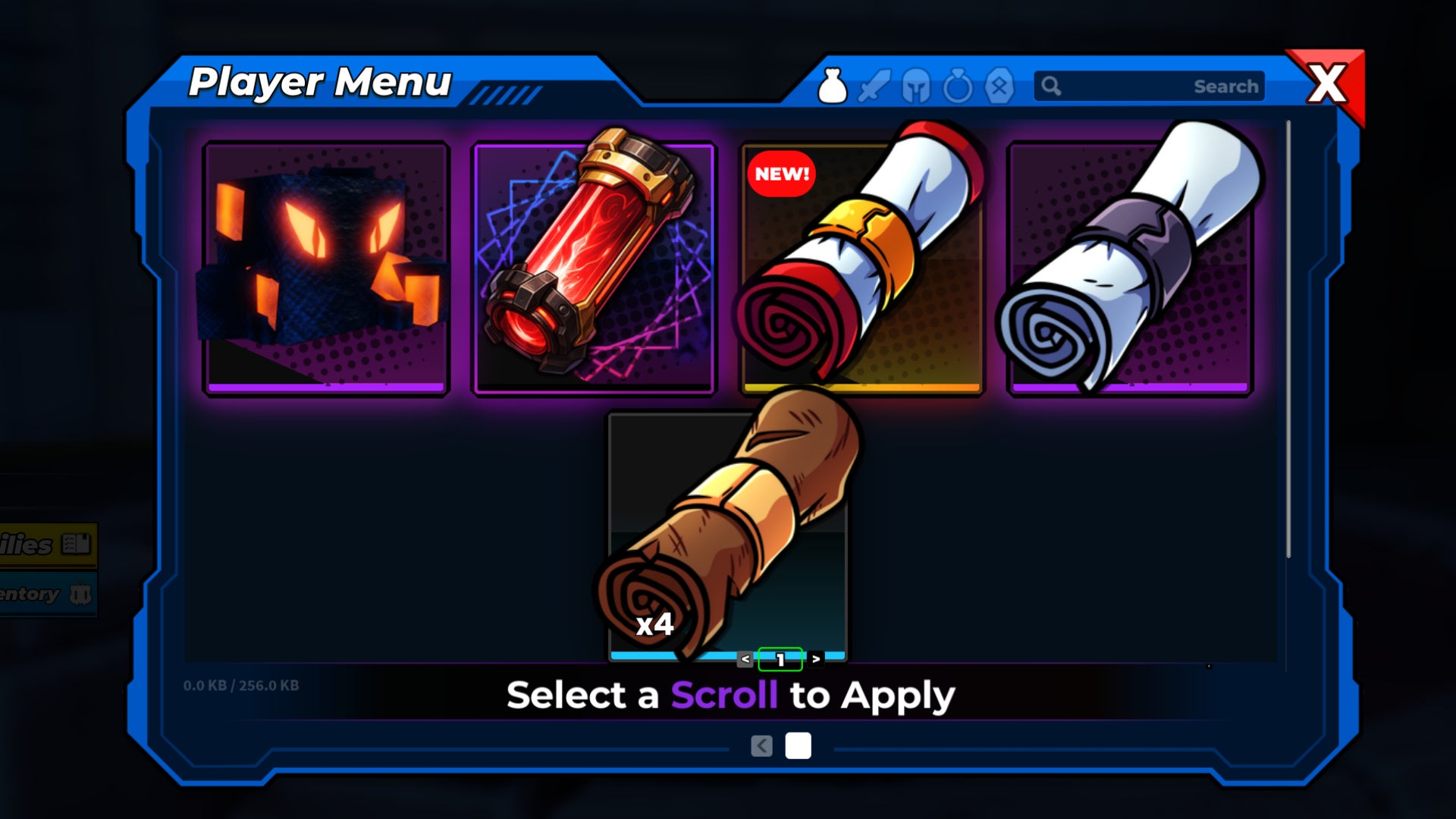 A screenshot from Solo Hunters, showing scrolls inside the player's menu. - 4