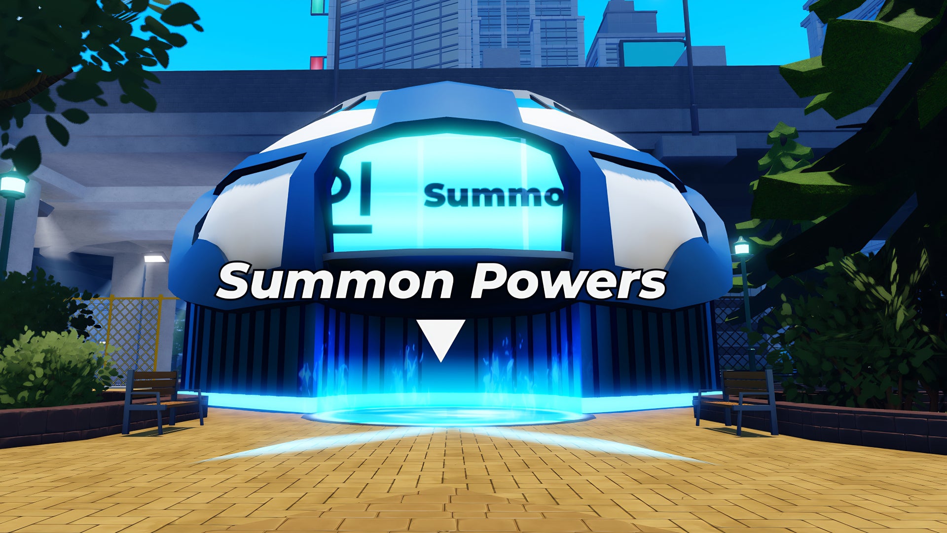 A screenshot from Solo Hunters on Roblox, showing the Summon Powers building in the centre of the game's overworld map. - 7