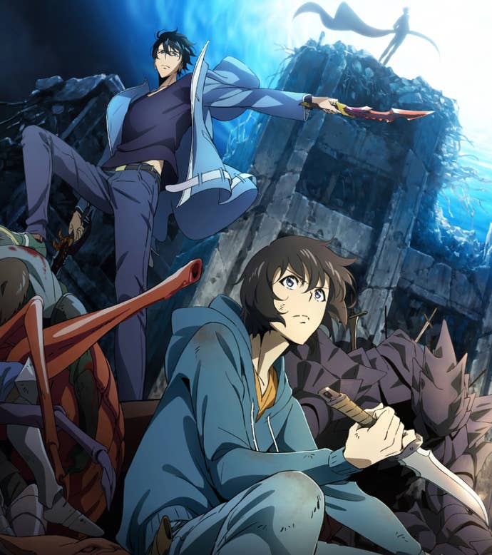 Artwork for the Solo Leveling anime showing the main characters, with monsters and a mysterious figure in the background.