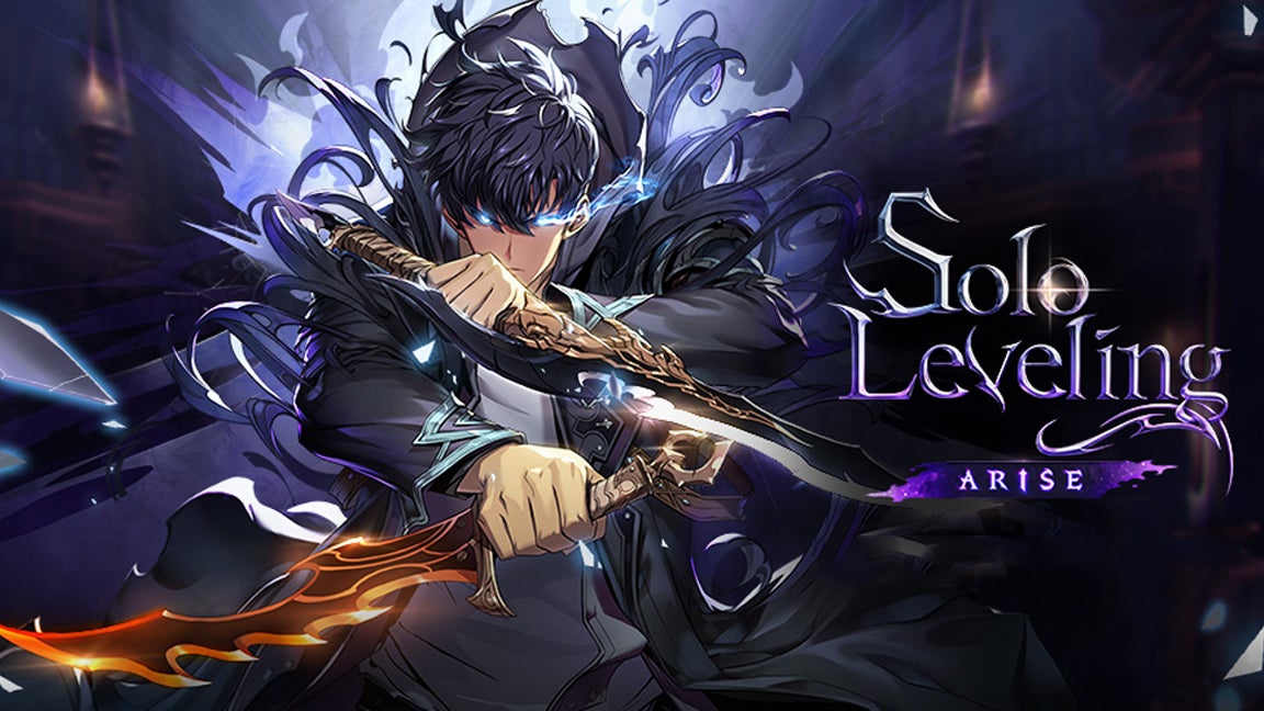 Artwork for the mobile game Solo Leveling Arise, showing the game's main character Sung Jinwoo holding two swords. - 1