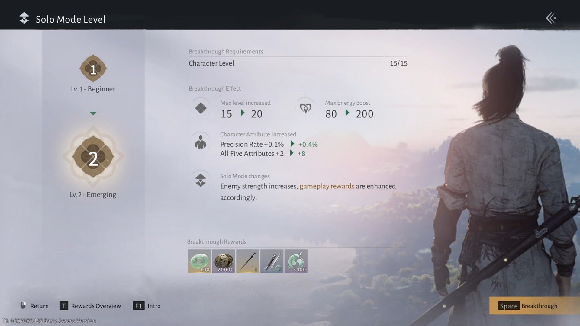 The menu of Where Winds Meet, showing the boost in stat attributes and the rewards available for completing a Breakthrough in Where Winds Meet. - 4