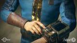 A Vault Dweller uses the Pip-Boy computer clamped to their arm in this screen from Fallout 76
