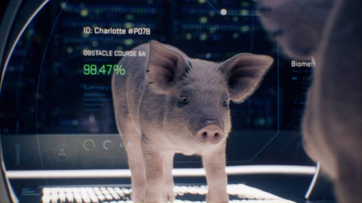 Exodus screenshot showing a very detailed pig on a monitor in a sci-fi spaceship environment with various tags around it saying "ID: Charlotte #P078" and "Obstacle course 6A" and "98.47%"