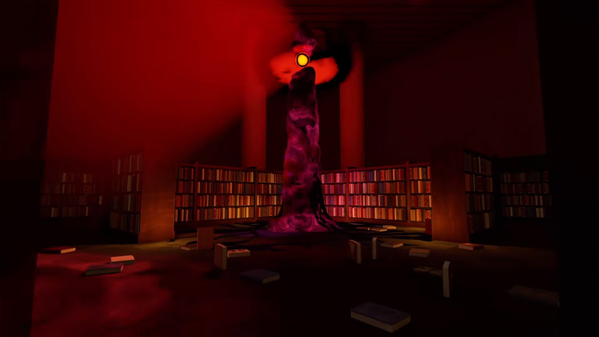 Студия Strange Scaffold анонсировала хоррор-симулятор Something is Wrong with the Library Мясная башня со светящимся объектом на вершине внутри библиотеки