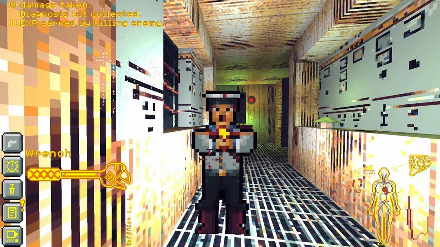 A submarine guard points aims their pistol at you in Sonar Shock.