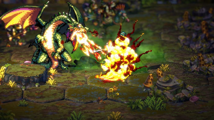 A dragon breathes fire on an enemy in Songs Of Conquest.