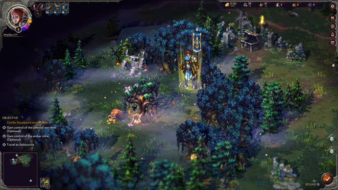 The Songs of Conquest map, zoomed in, showing the pixelated world in a kind of 3D - in a very similar way to Octopath Traveler.