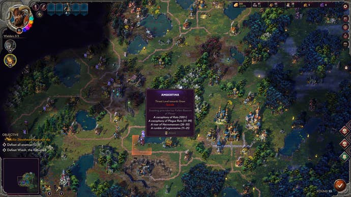 The Songs of Conquest map, zoomed out, showing a typical but pixelated fantasy scene of castles and village houses and Wielder heroes walking around.