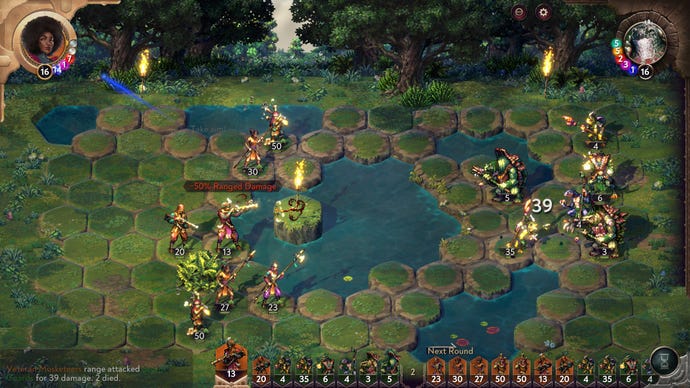 A turn-based battle in Songs Of Conquest.