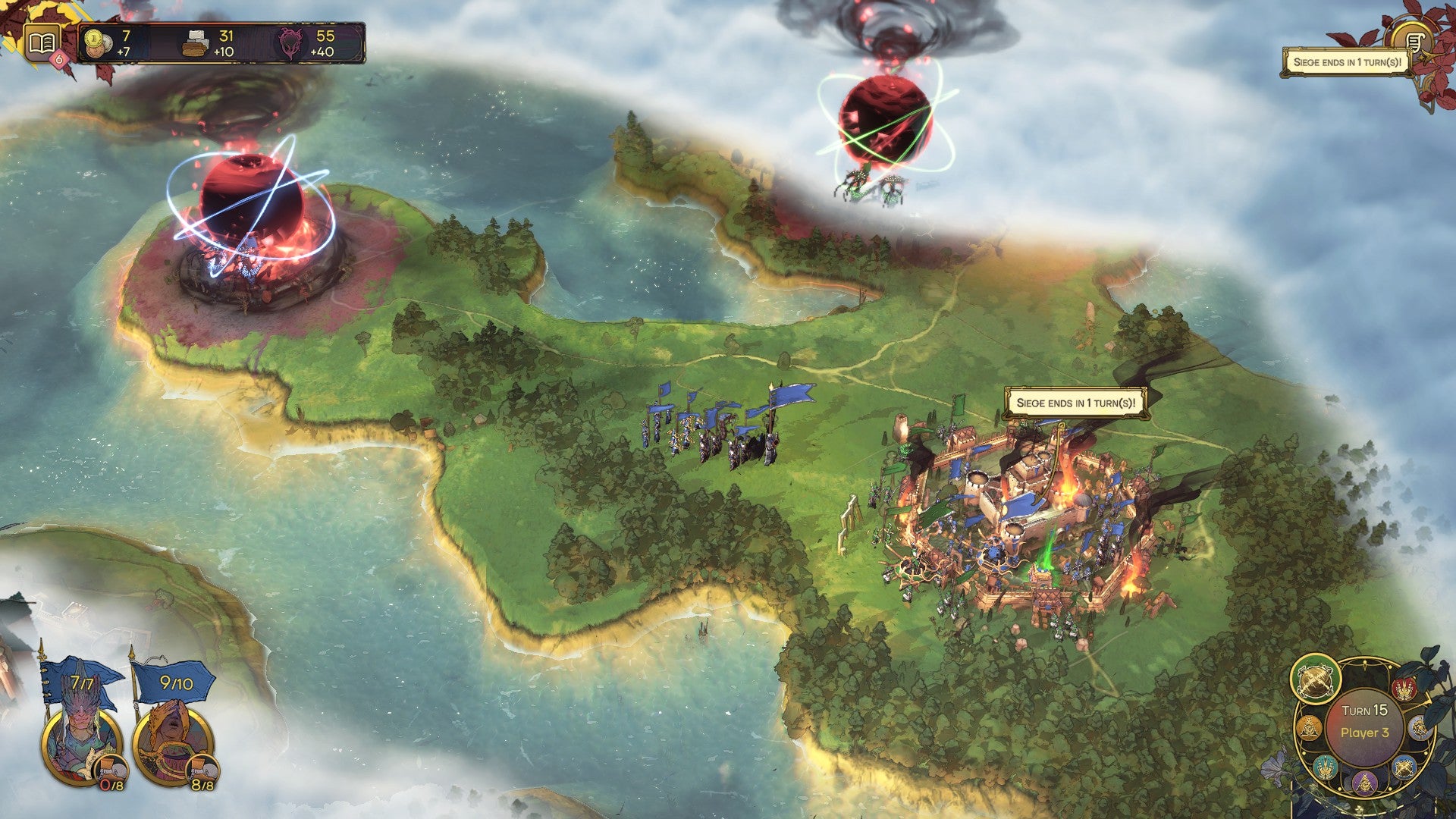 Sieging an enemy base. An army stands outside a hold, while the enemy base succumbs to a swirling orb of chaotic energy. - 7