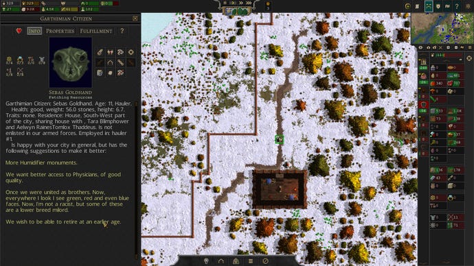 A top down view of a snowy settlement in Songs Of Syx, highlighting a lizard-like Garthiminian Citizen called Sebas Goldhand, his info on the left side of the screen