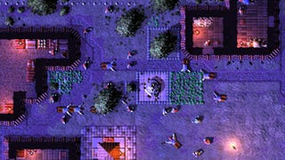 A night down scene from top down city builder strategy game Songs Of Syx. There has been a skirmish in a town and bodies litter the floor