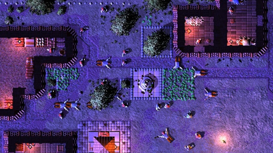 A night down scene from top down city builder strategy game Songs Of Syx. There has been a skirmish in a town and bodies litter the floor