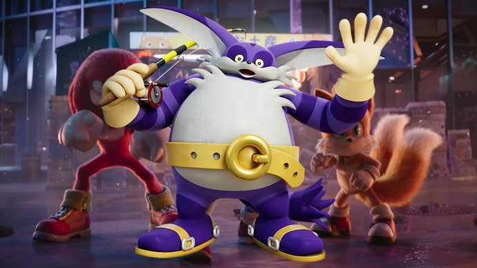 Big the Cat, a big purple cat creature holding a fishing rod, is superimposed over a still from Sonic the Hedgehog 3 of Knuckles, Sonic, and Tails posed ready to fight.