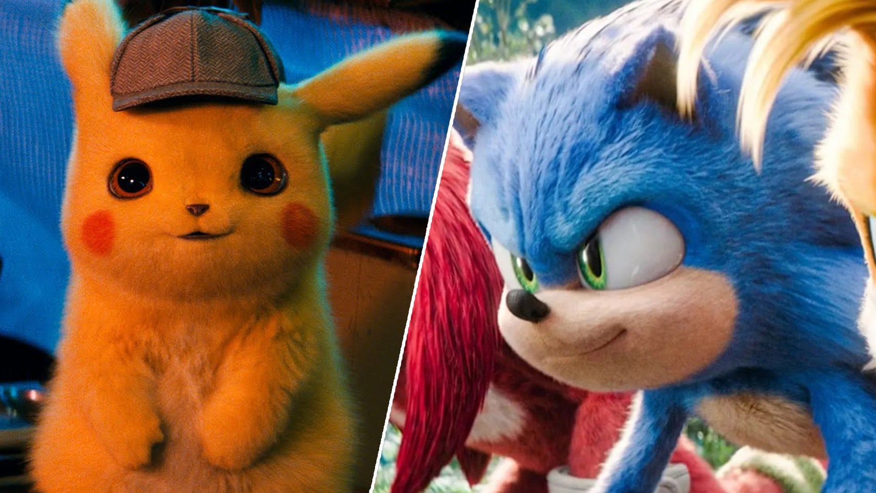 On the left, the titular Detective Pikachu stood smiling. On the right, Sonic, Knuckles, and Tails getting ready to race each other in Sonic the Hedgehog 3. - 1