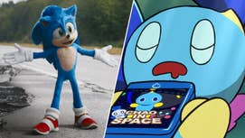 On the left, Sonic from the Sonic the Hedgehog movie with his arms outstretched, smiling confidently. On the right, a sleeping, 2D Chao.
