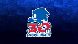 Sonic 30th Anniversary logo: a silhouette of Sonic running with his rotating feet forming the "0" in 30 on a backdrop of Sonic game screenshots.
