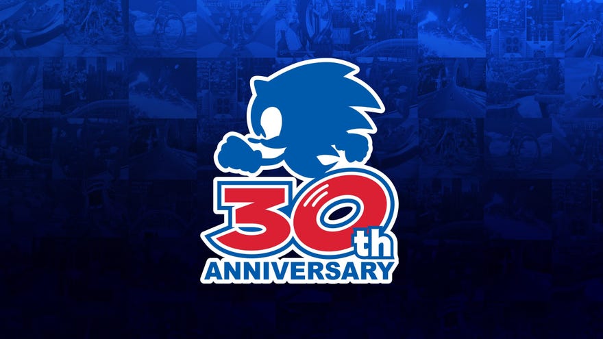 Sonic 30th Anniversary logo: a silhouette of Sonic running with his rotating feet forming the “0” in 30 on a backdrop of Sonic game screenshots.